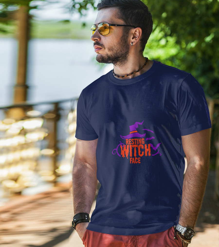 Resting Witch Face Witch Hat Bats Halloween T-Shirt