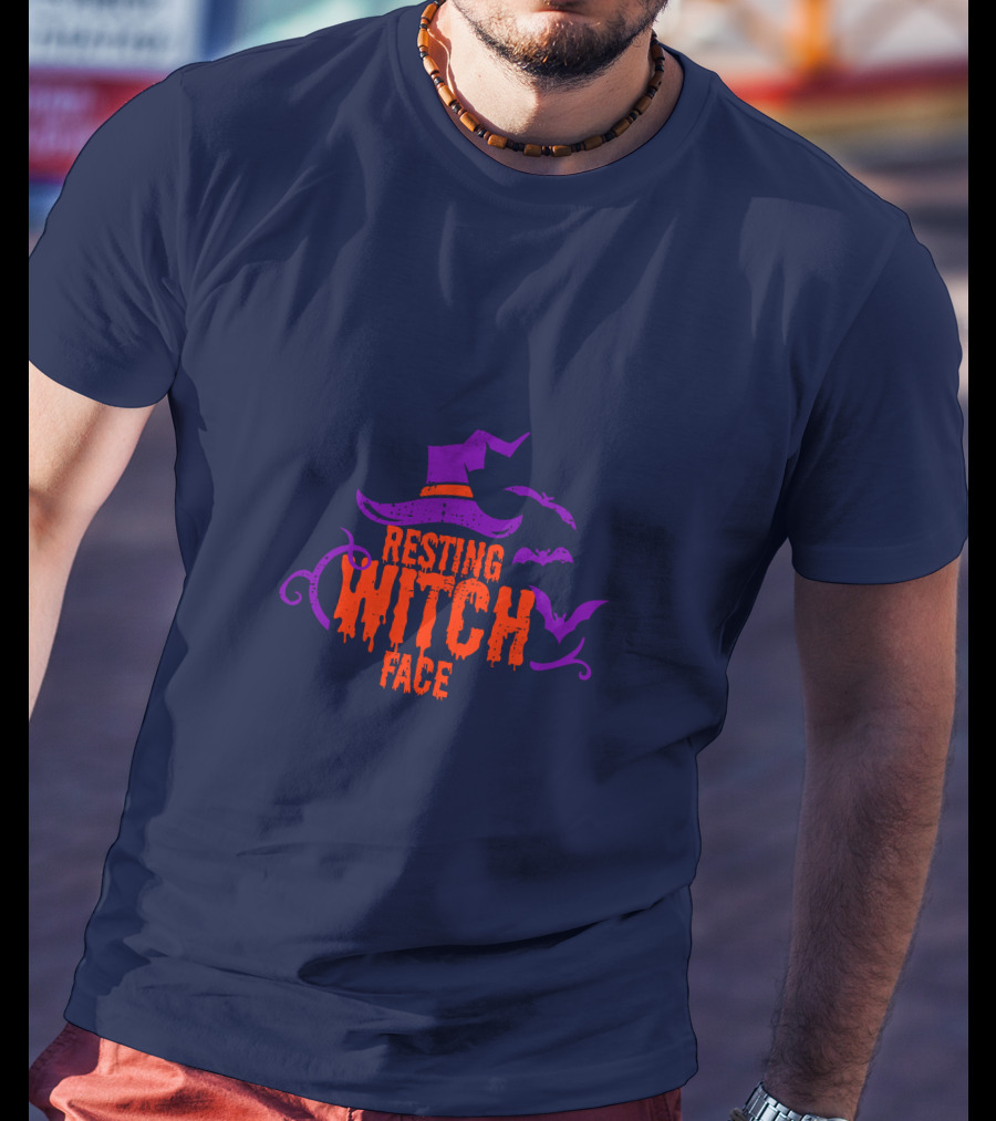 Resting Witch Face Witch Hat Bats Halloween T-Shirt