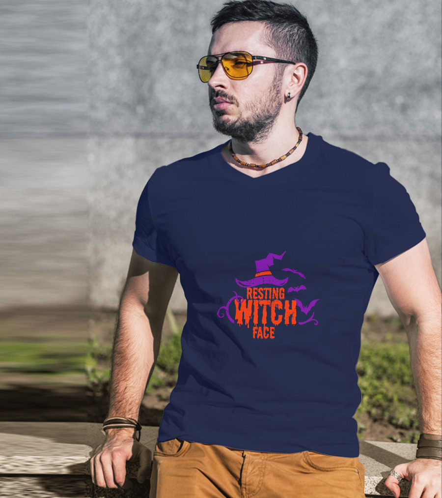 Resting Witch Face Witch Hat Bats Halloween T-Shirt