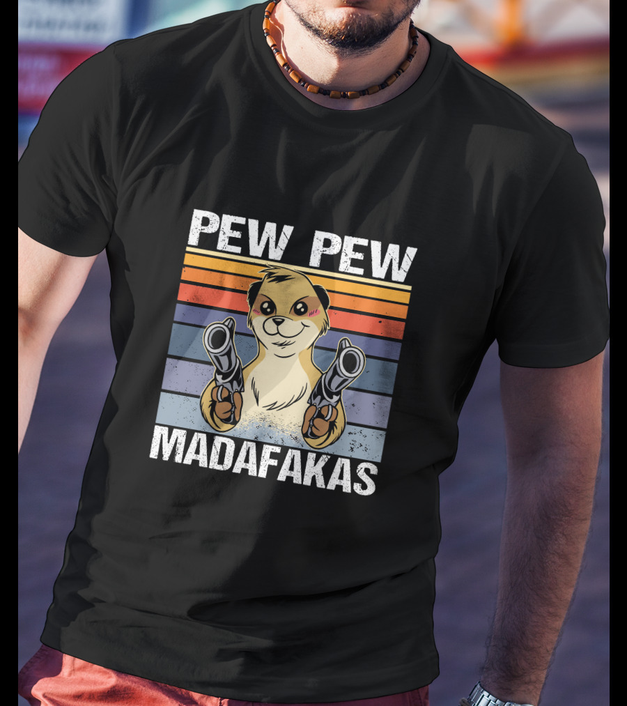 Pew Pew Madafakas Meerkat Retro Stripes Guns T-Shirt