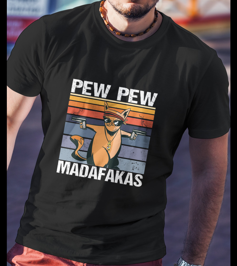 Pew Pew Madafakas Cat With Sunglasses And Retro Stripes T-Shirt