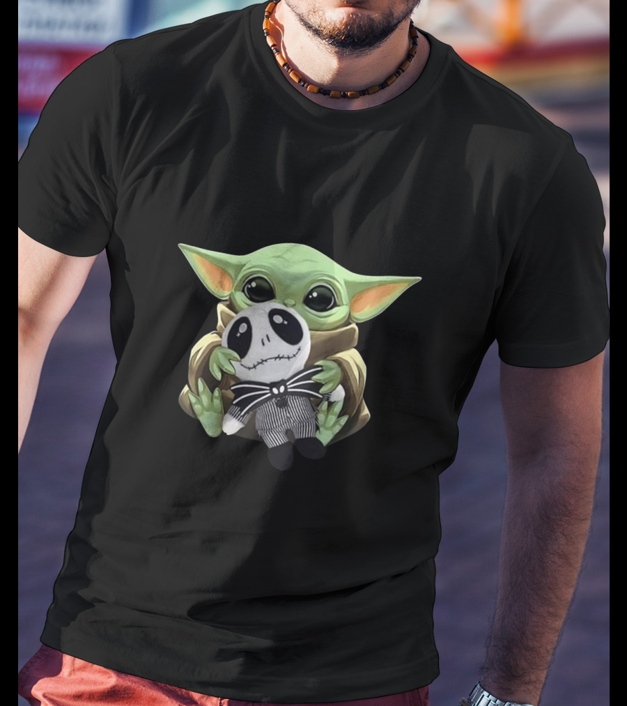 Baby Yoda Holding Jack Skellington Plush Crossover T-Shirt