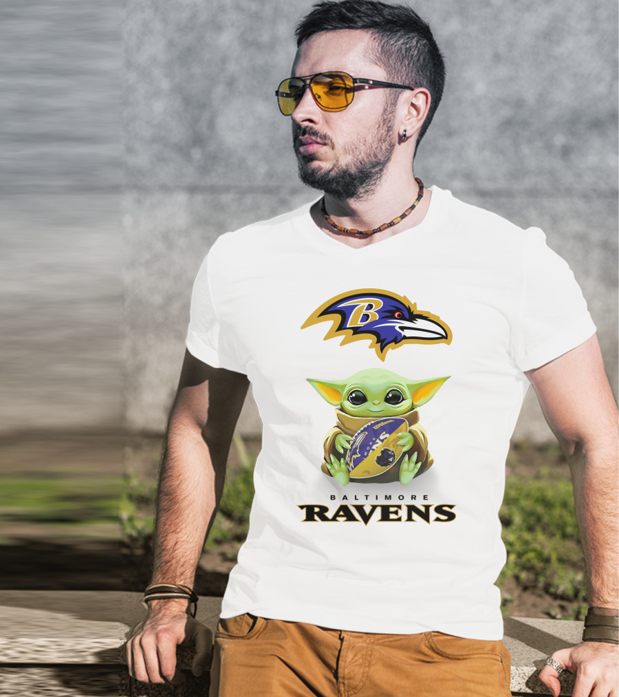 Baby Yoda Hug Baltimore Ravens Football Tailgate T-Shirt