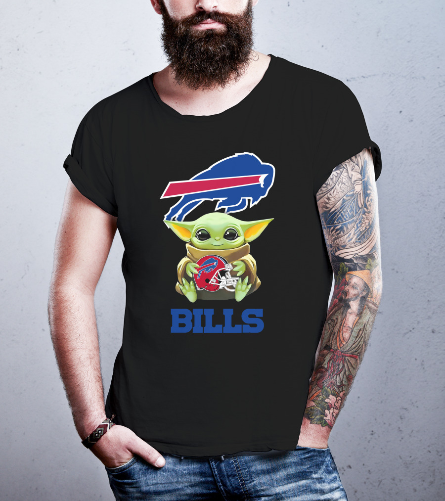 Baby Yoda Holding Buffalo Bills Helmet NFL Logo Bills T-Shirt