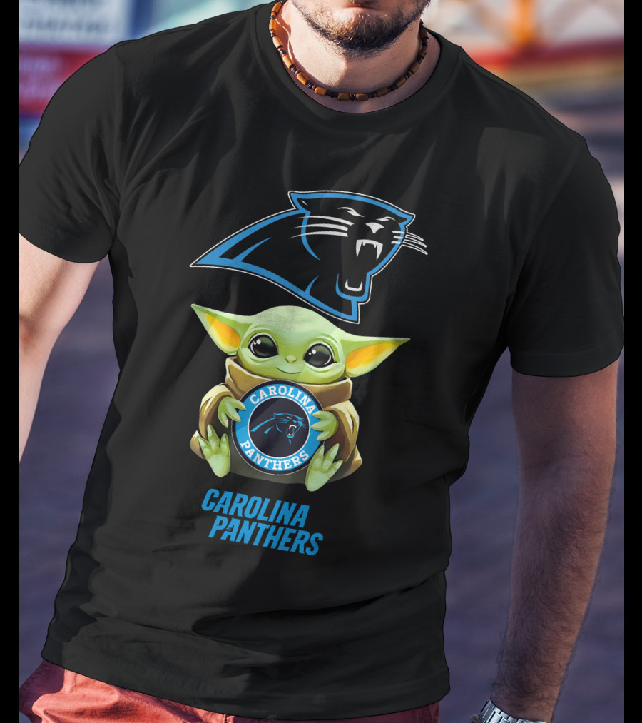 Baby Yoda Holding Carolina Panthers Emblem T-Shirt