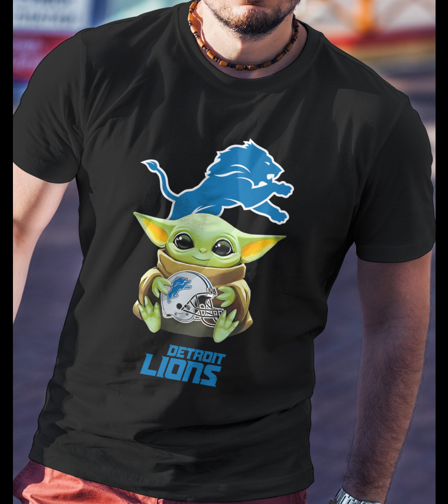 Baby Yoda Holding Detroit Lions Helmet T-Shirt