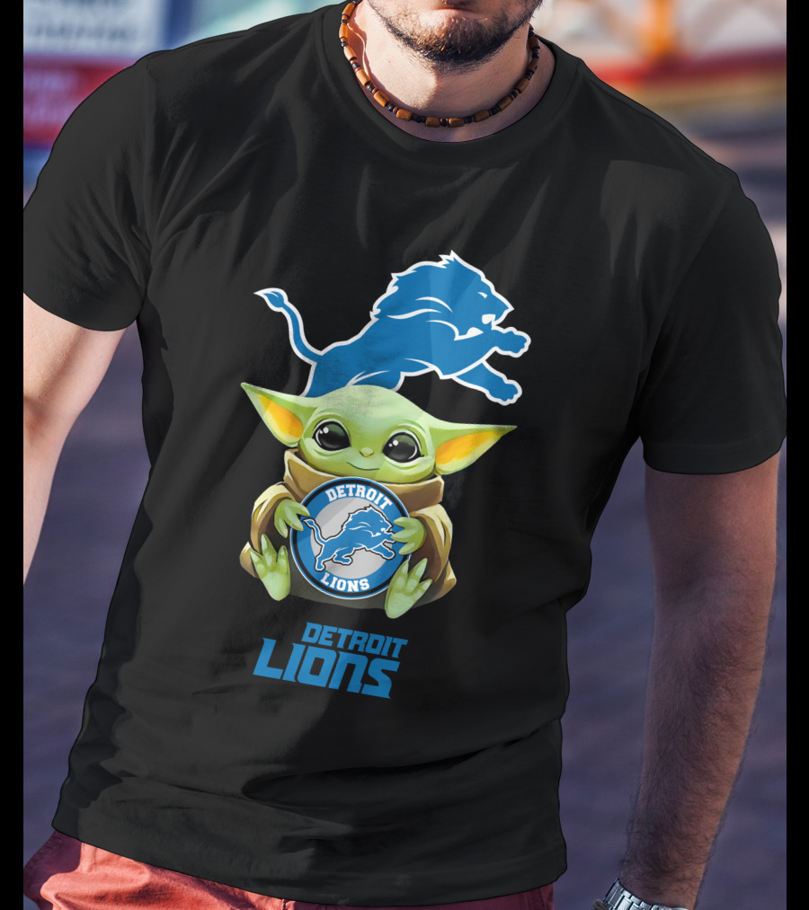Baby Yoda Holding Detroit Lions Emblem With Team T-Shirt