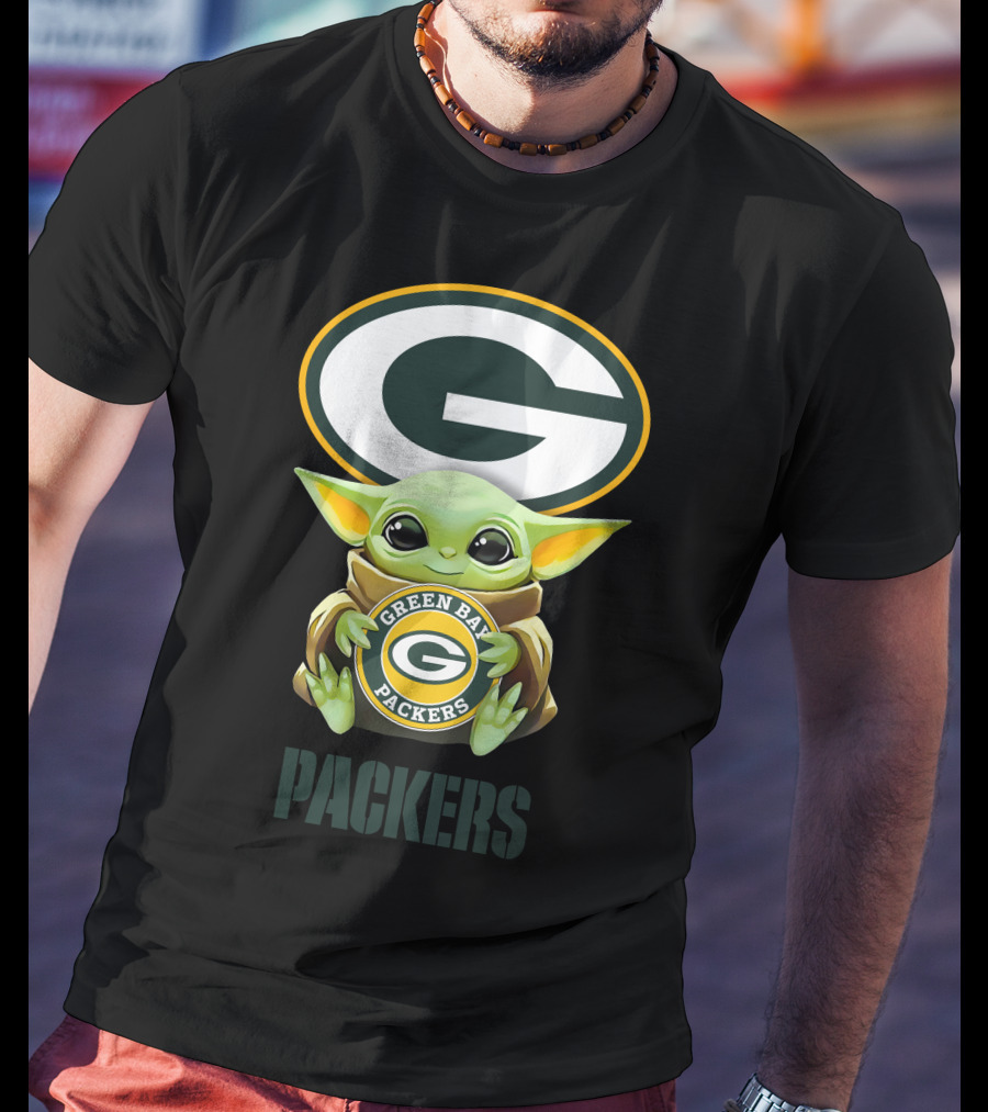 Baby Yoda With Green Bay Packers Symbol And Text T-Shirt