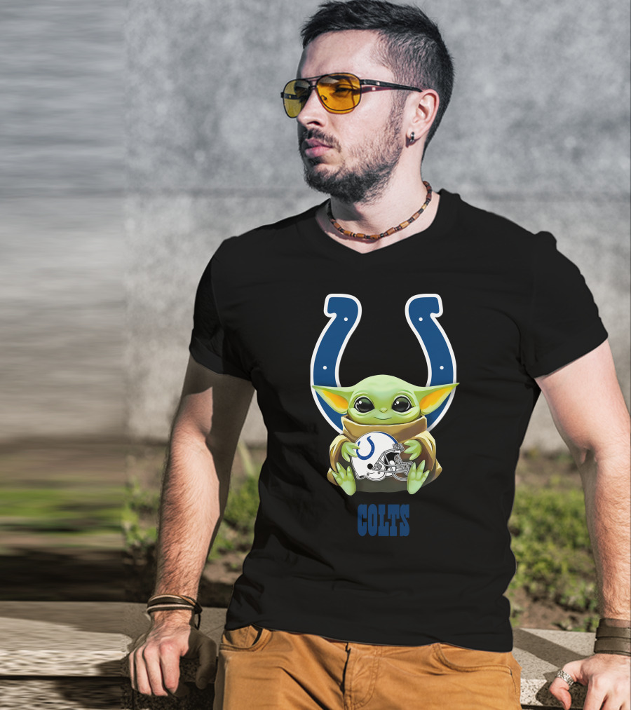 Baby Yoda Holding Indianapolis Colts Helmet With Team T-Shirt