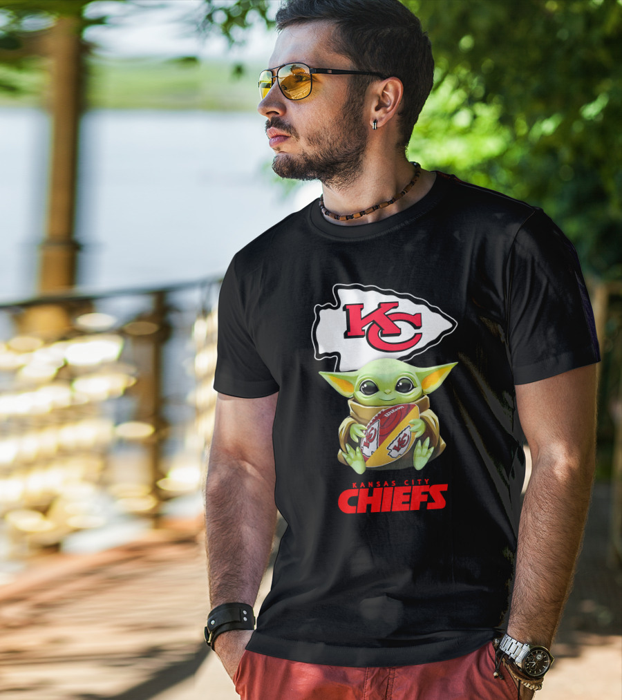 Baby Yoda Holding Kansas City Chiefs Football T-Shirt
