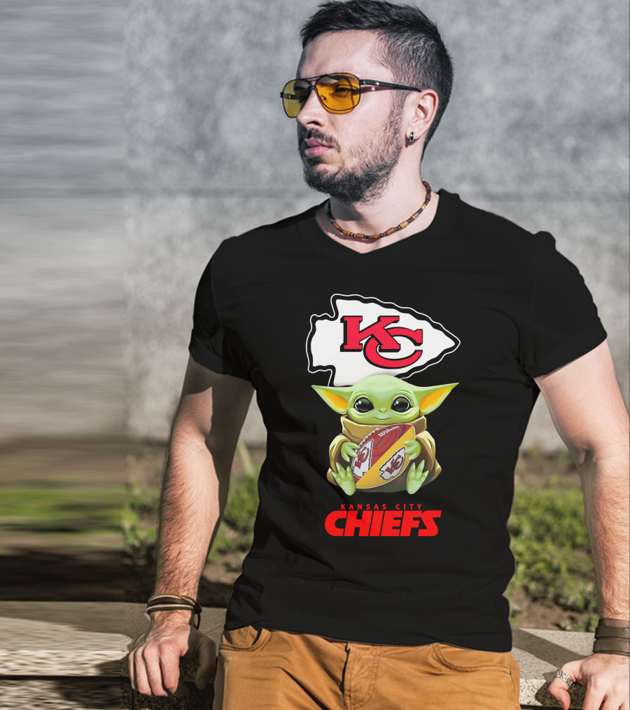 Baby Yoda Holding Kansas City Chiefs Football T-Shirt