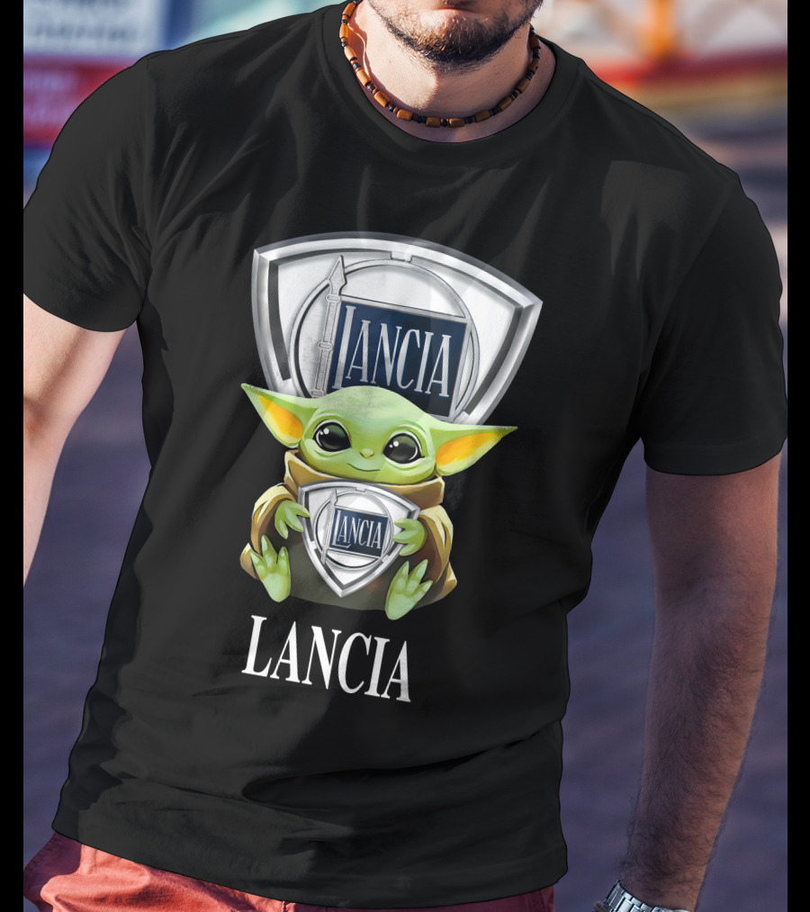 Baby Yoda Holding Lancia Logo With Lancia Text T-Shirt