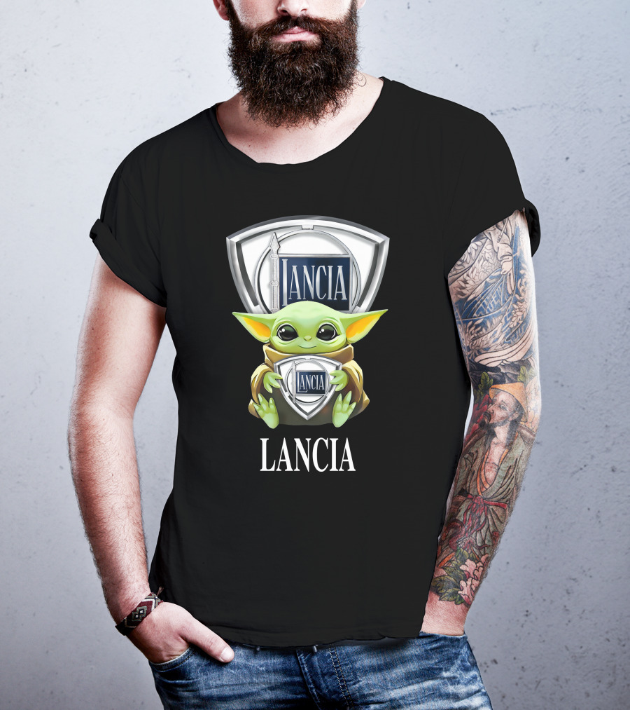 Baby Yoda Holding Lancia Logo With Lancia Text T-Shirt