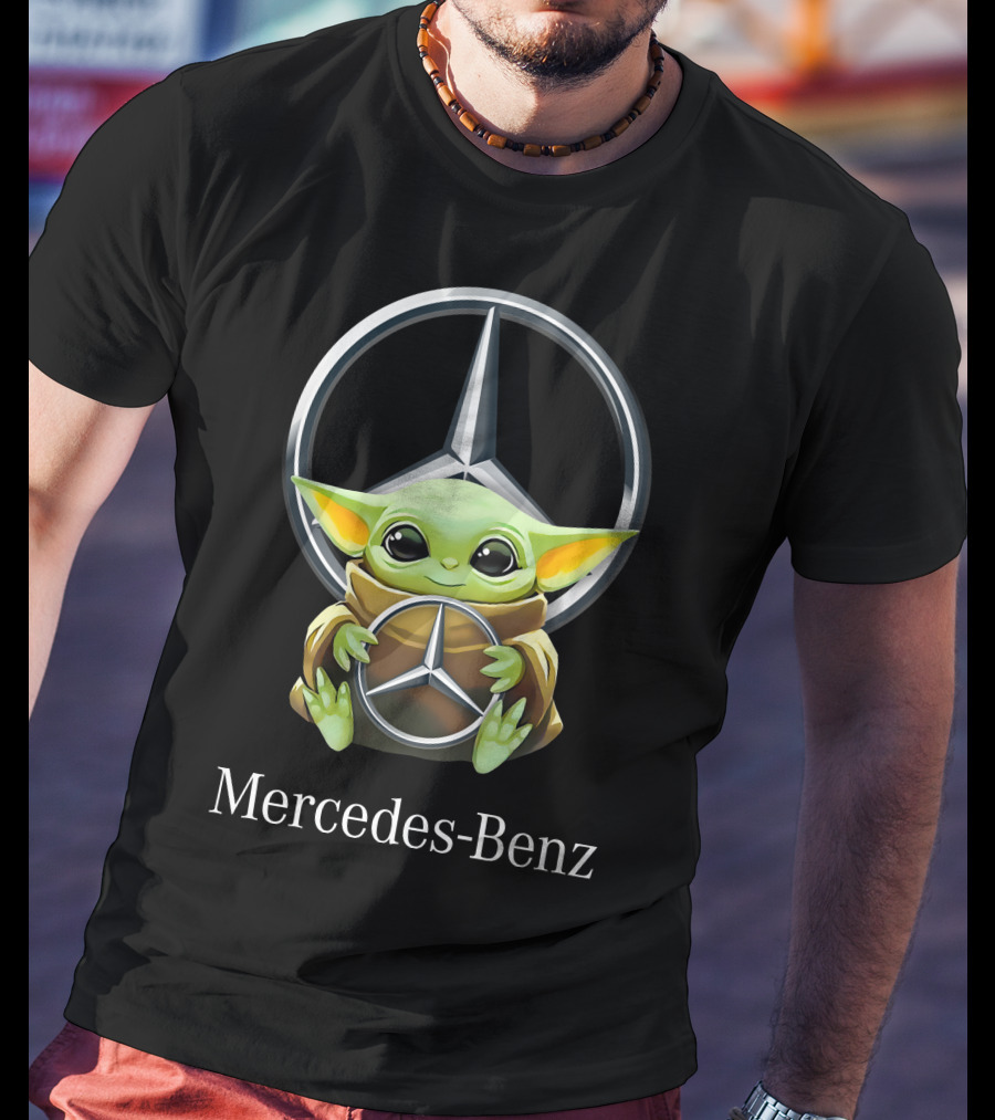 Baby Yoda Cuddles Mercedes-Benz Logo Black T-Shirt