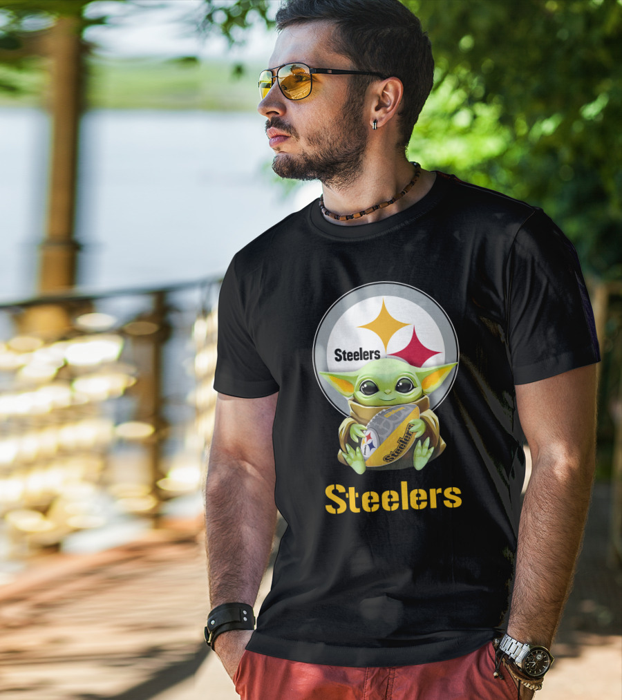 Star Wars Baby Yoda Hugging Pittsburgh Steelers Football T-Shirt