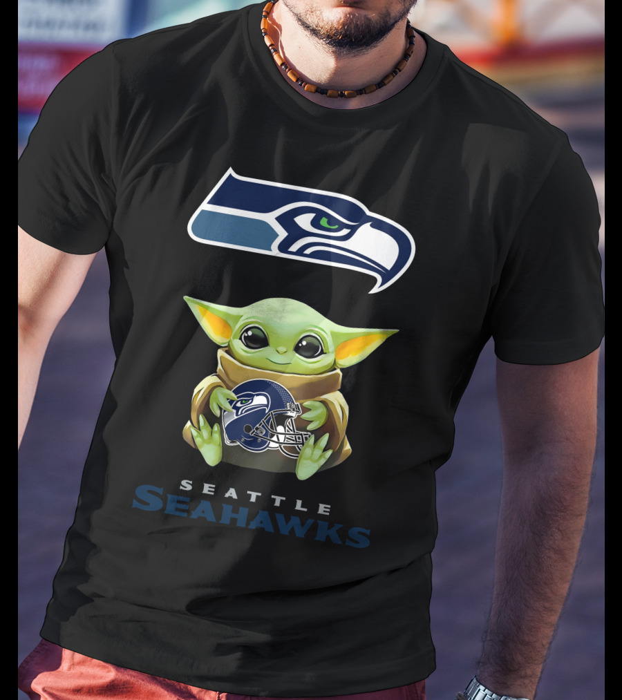 Baby Yoda Holding Seattle Seahawks Helmet T-Shirt