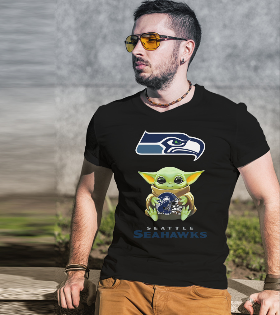 Baby Yoda Holding Seattle Seahawks Helmet T-Shirt