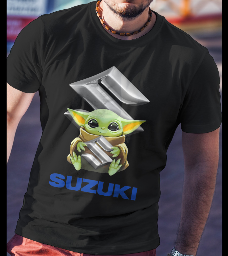 Baby Yoda Holding Silver Suzuki Emblem With Blue Suzuki T-Shirt