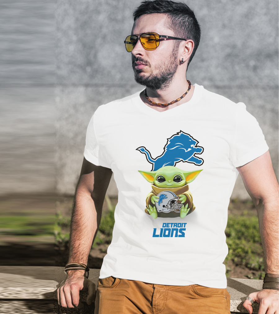 Baby Yoda Holding Detroit Lions Helmet With Team T-Shirt