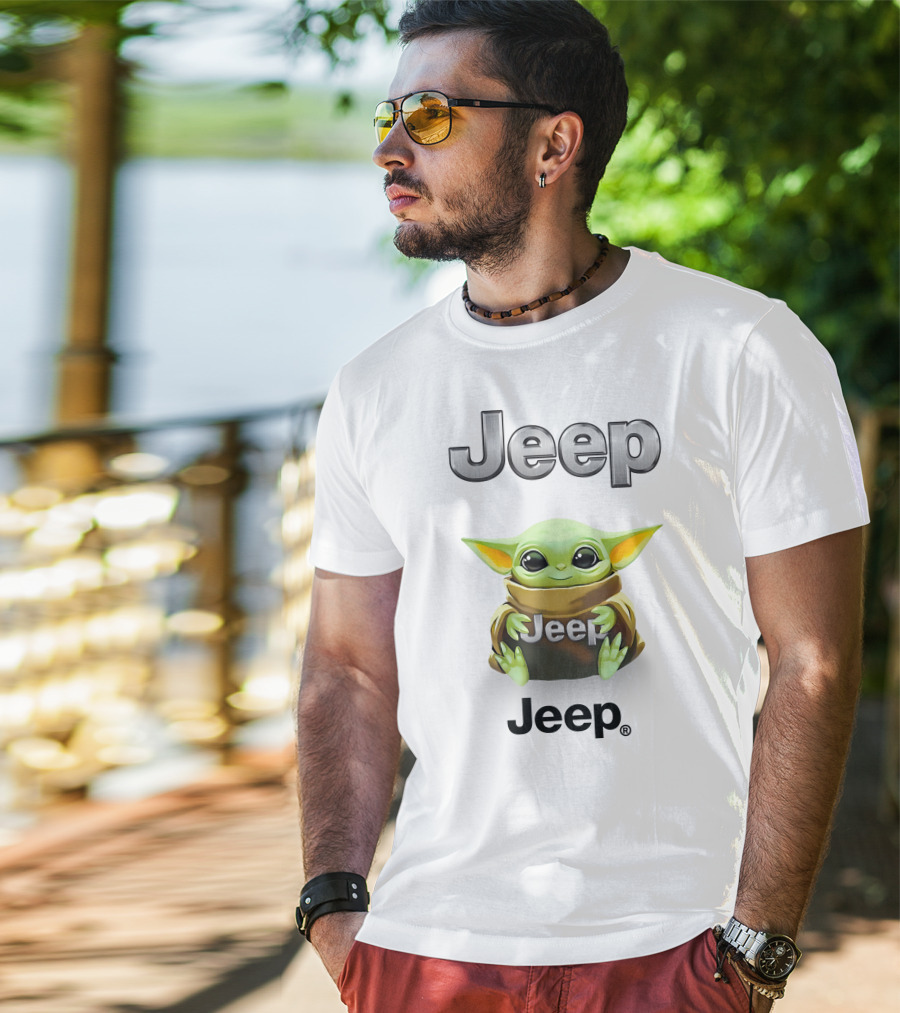 Baby Yoda Holding Jeep Logo With White T-Shirt
