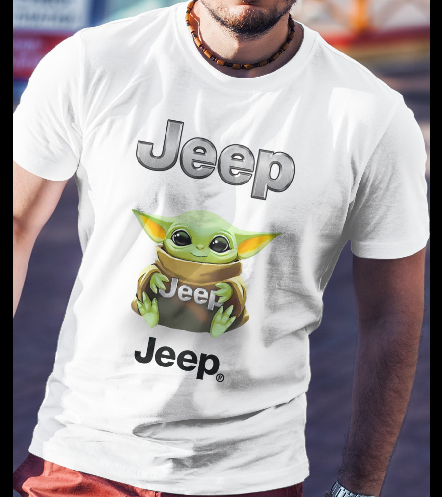 Baby Yoda Holding Jeep Logo With White T-Shirt