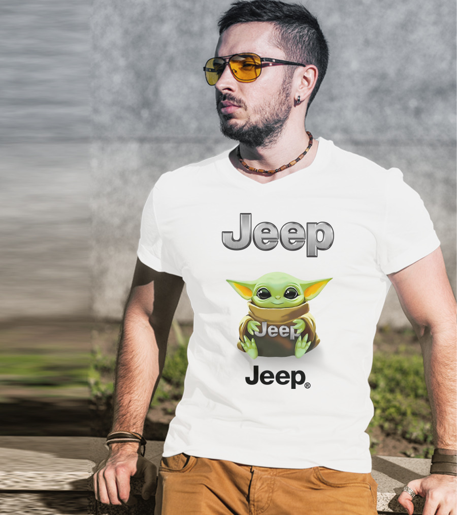 Baby Yoda Holding Jeep Logo With White T-Shirt