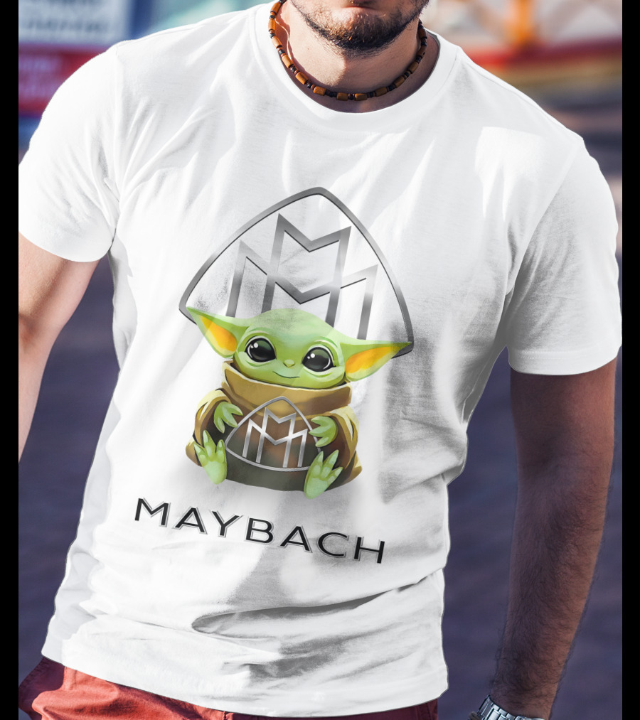 Baby Yoda Holding Maybach Emblem In White T-Shirt