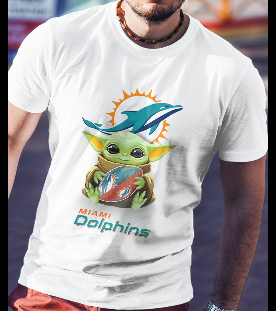 Baby Yoda With Miami Dolphins Logo And Football T-Shirt