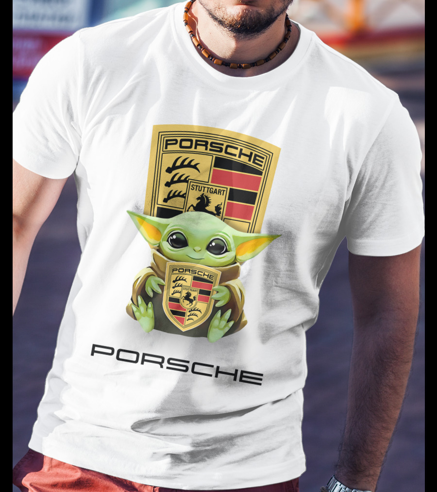 Baby Yoda Holding Stuttgart Porsche Crest T-Shirt