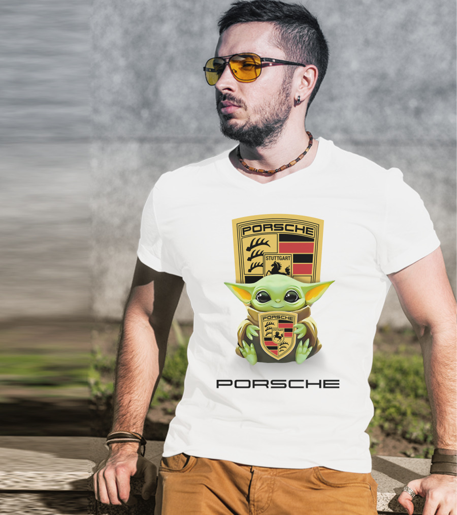 Baby Yoda Holding Stuttgart Porsche Crest T-Shirt