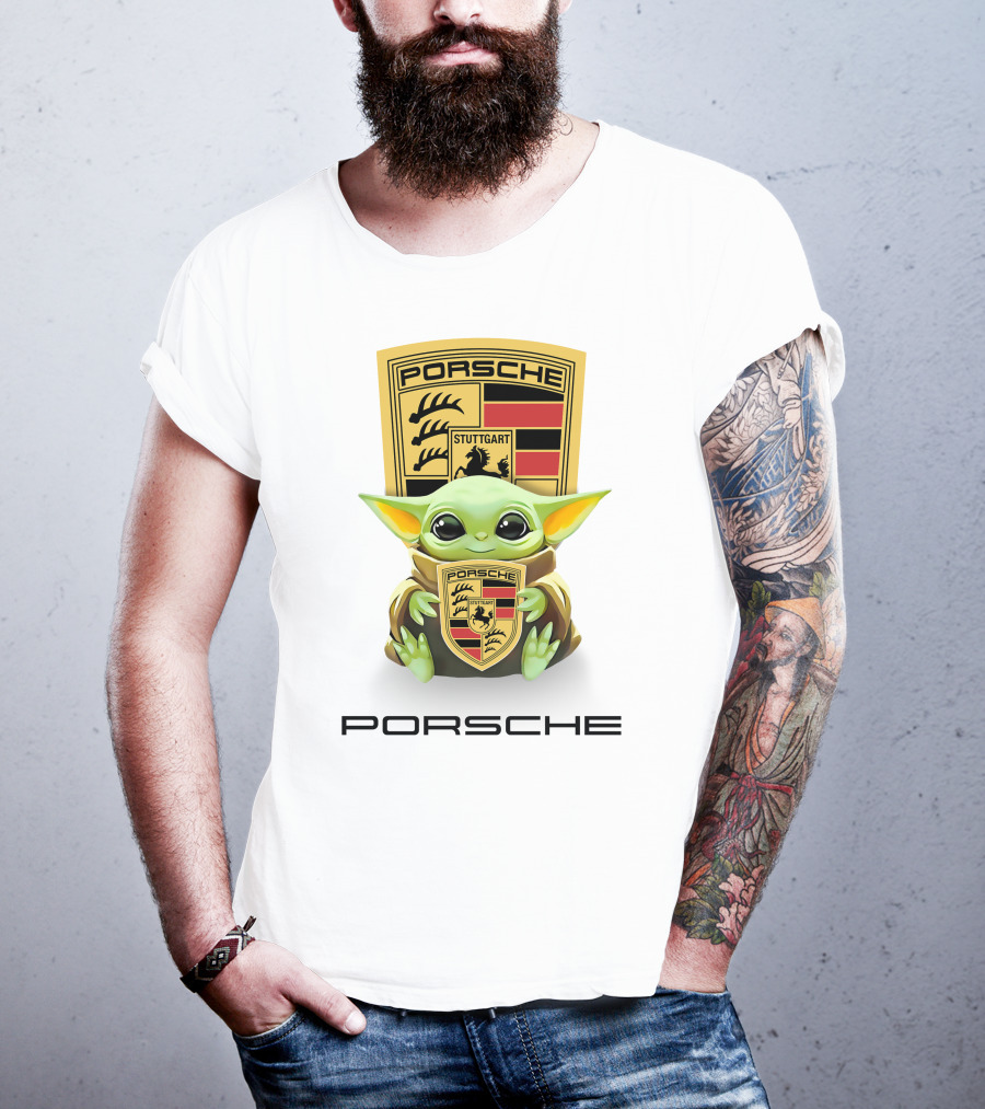Baby Yoda Holding Stuttgart Porsche Crest T-Shirt
