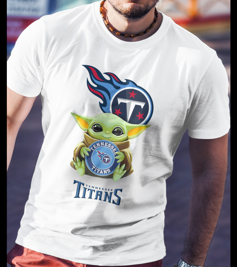 Baby Yoda Holding Tennessee Titans Emblem With Logo White T-Shirt