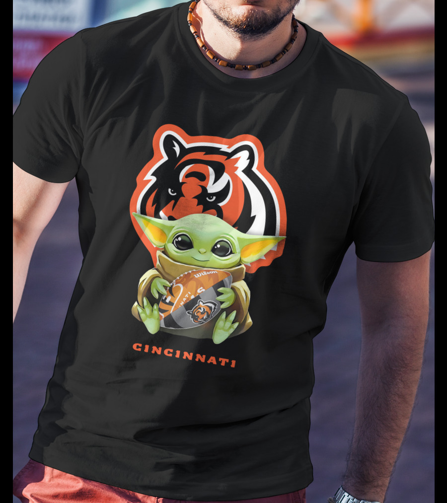 Star Wars Baby Yoda Hugging Cincinnati Bengals Logo Football T-Shirt