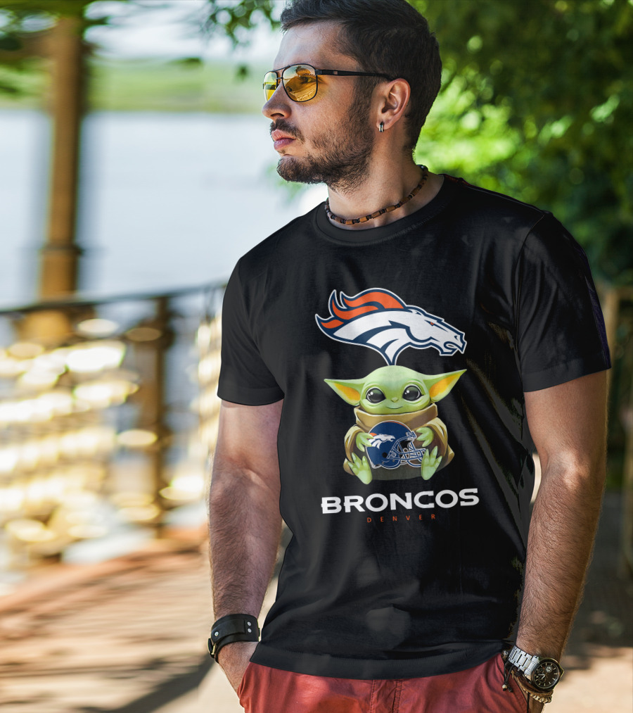 Star Wars Baby Yoda Holding Denver Broncos Helmet T-Shirt