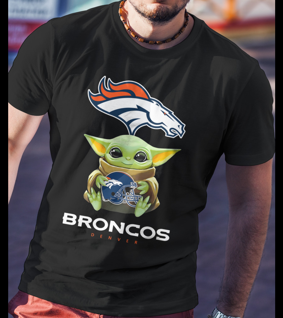 Star Wars Baby Yoda Holding Denver Broncos Helmet T-Shirt