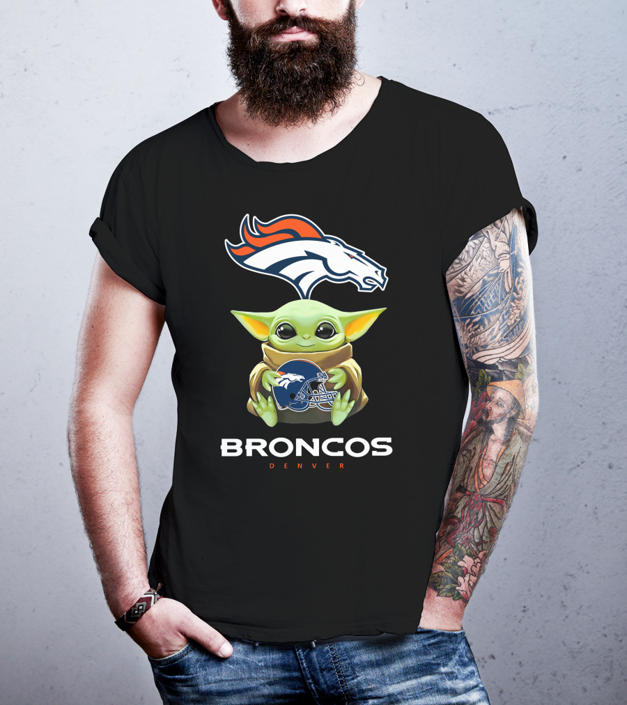 Star Wars Baby Yoda Holding Denver Broncos Helmet T-Shirt