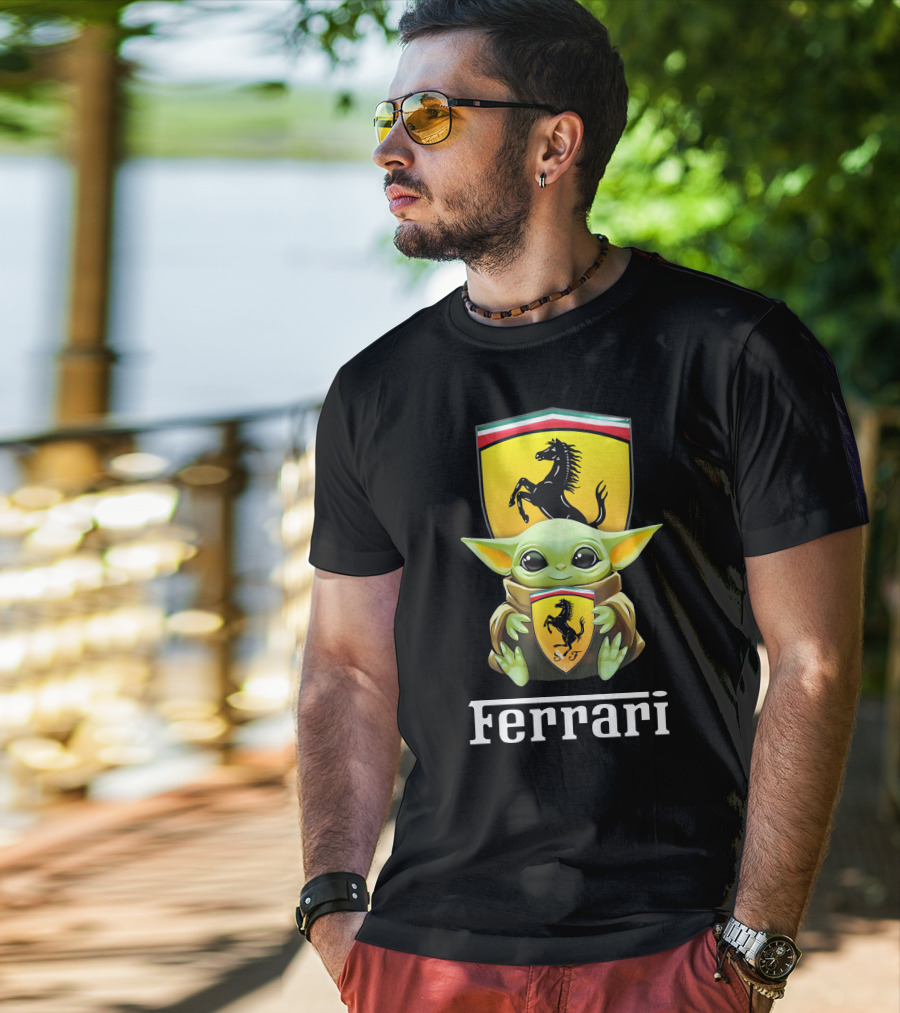 Star Wars Baby Yoda Holding Ferrari Logo Black T-Shirt