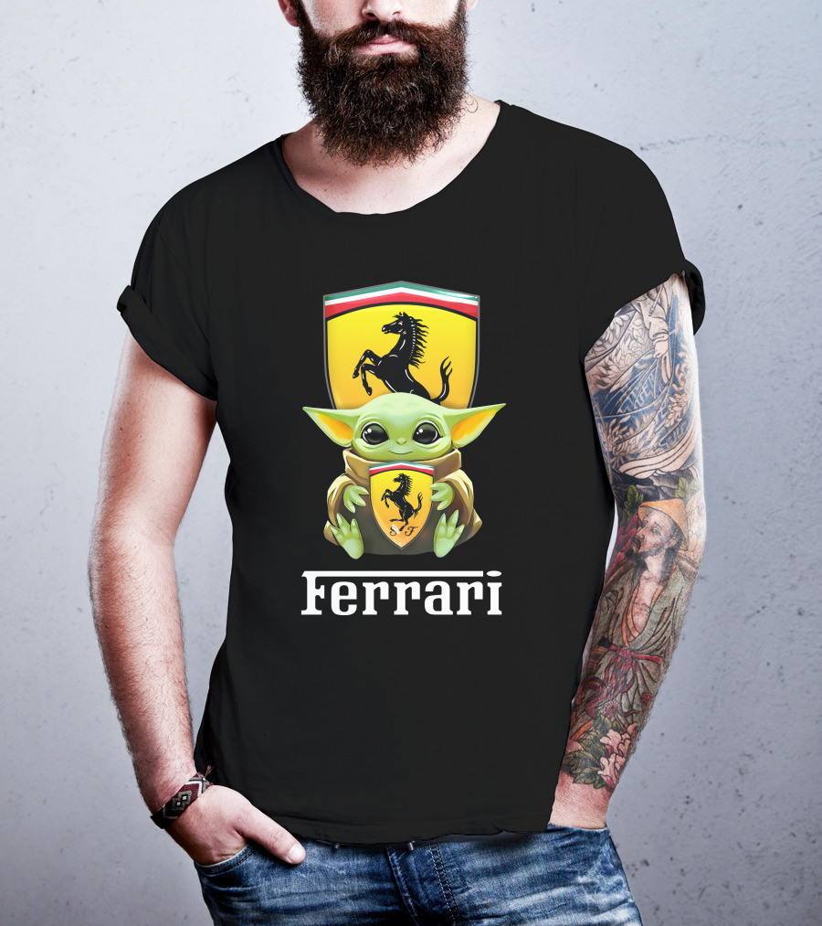 Star Wars Baby Yoda Holding Ferrari Logo Black T-Shirt