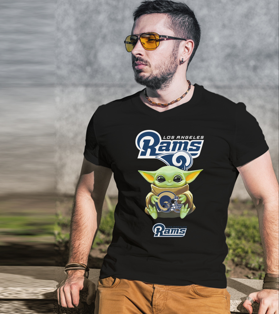 Star Wars Baby Yoda Los Angeles Rams Helmet Hug T-Shirt