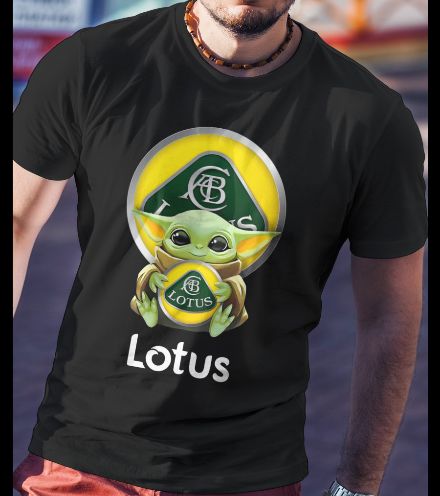 Star Wars Baby Yoda Hugging Lotus Car Logo On Black T-Shirt