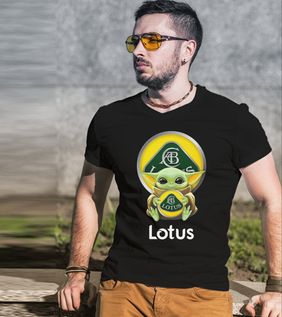 Star Wars Baby Yoda Hugging Lotus Car Logo On Black T-Shirt