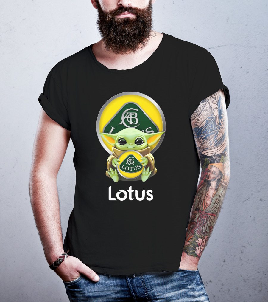 Star Wars Baby Yoda Hugging Lotus Car Logo On Black T-Shirt