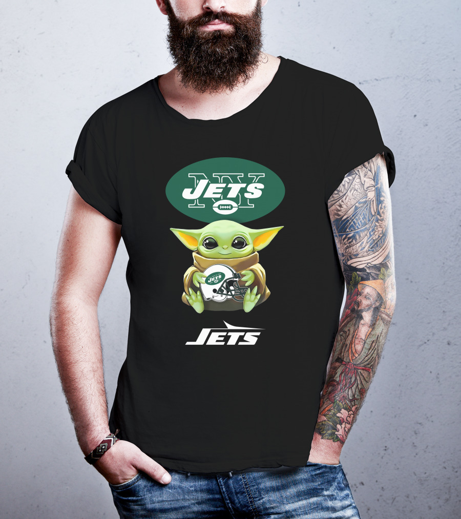 Star Wars Baby Yoda Hugging New York Jets Helmet Football T-Shirt