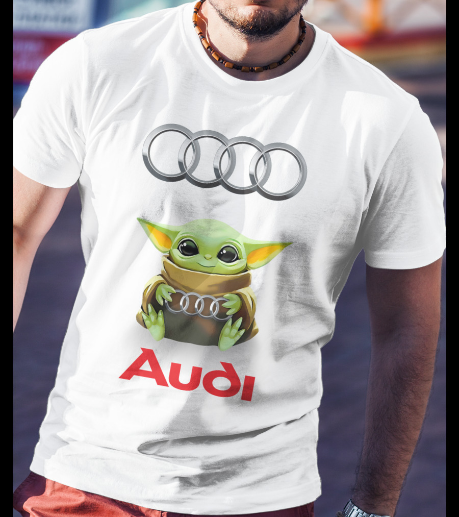 Baby Yoda Holding Audi Silver Rings With Audi T-Shirt