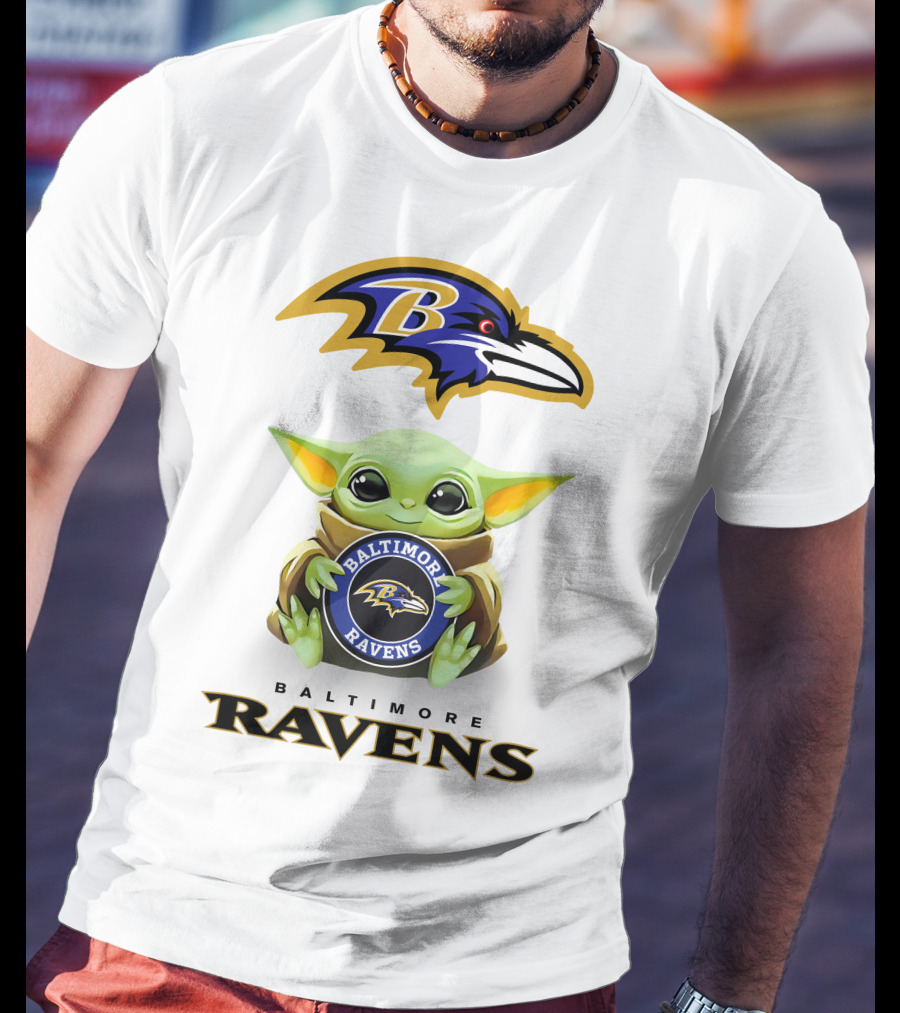 Baby Yoda Holding Baltimore Ravens Logo With Team Emblem And Name T-Shirt