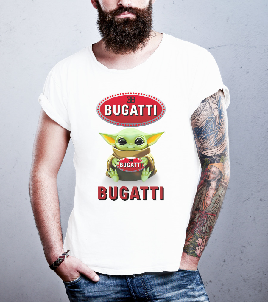 Baby Yoda Holding Bugatti Logo Emblem T-Shirt
