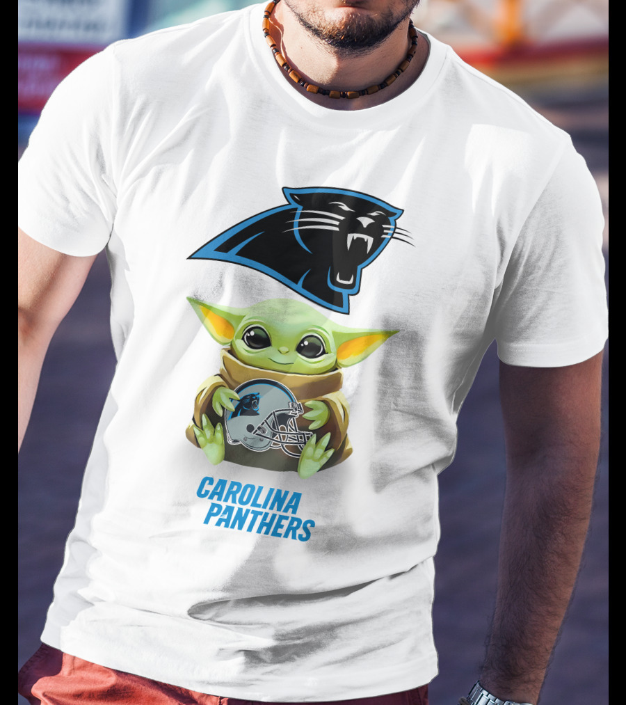 Baby Yoda Holding Carolina Panthers Helmet T-Shirt