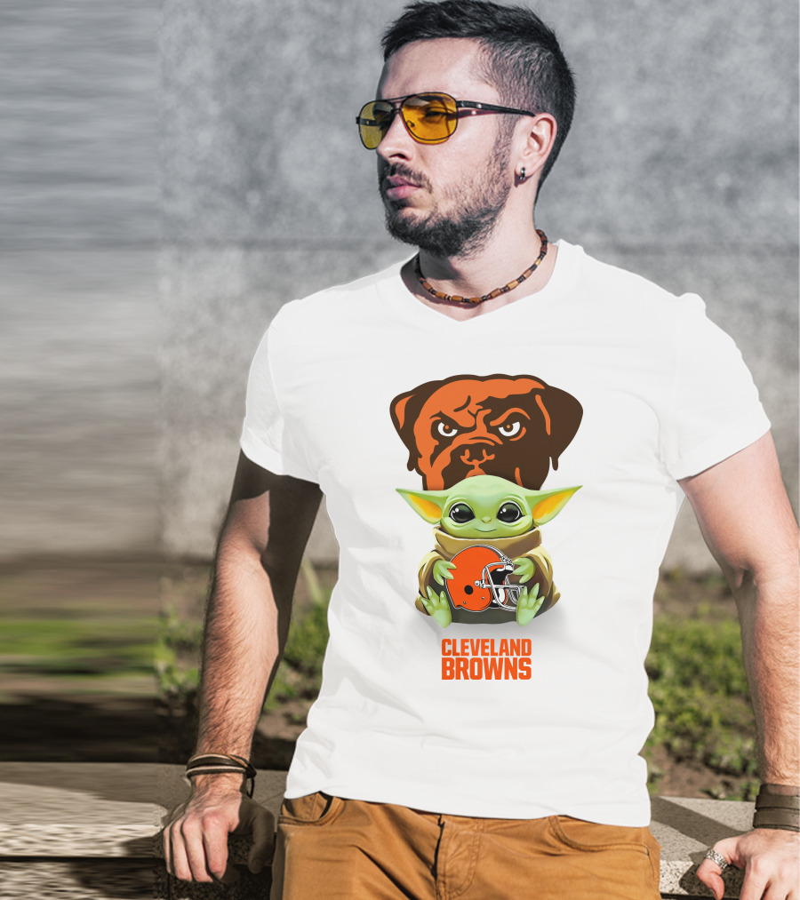 Baby Yoda Holding Cleveland Browns Helmet With Dog T-Shirt