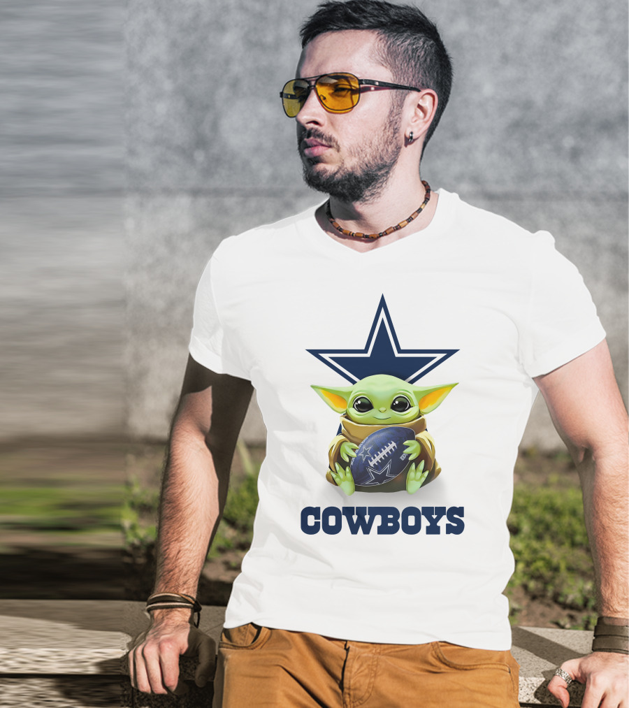 Cowboys Baby Yoda Hugging Dallas Football Star Logo White Background T-Shirt