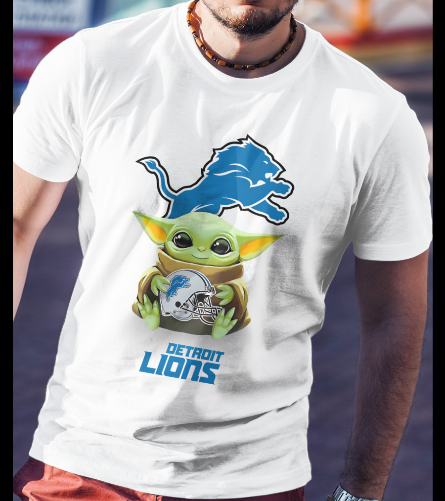 Baby Yoda With Detroit Lions Logo And Helmet Featuring Blue Lion T-Shirt